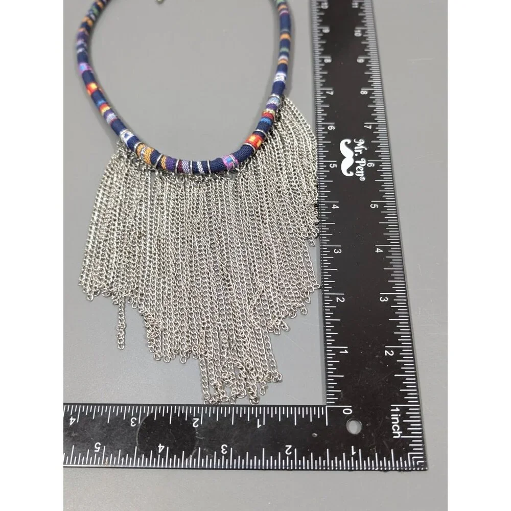 Boho Fringe Necklace Tribal Fabric Cord Waterfall  Chain‎ Statement Festival 23
